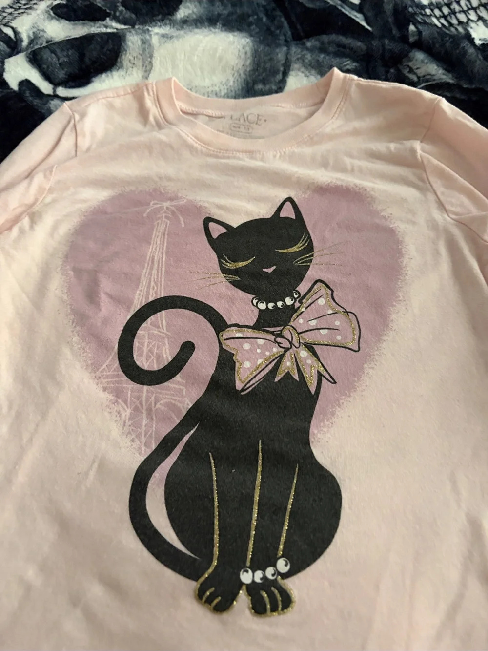 The Children's Place Pink Long-Sleeve Tee with Black Cat and Gold Bow Accents